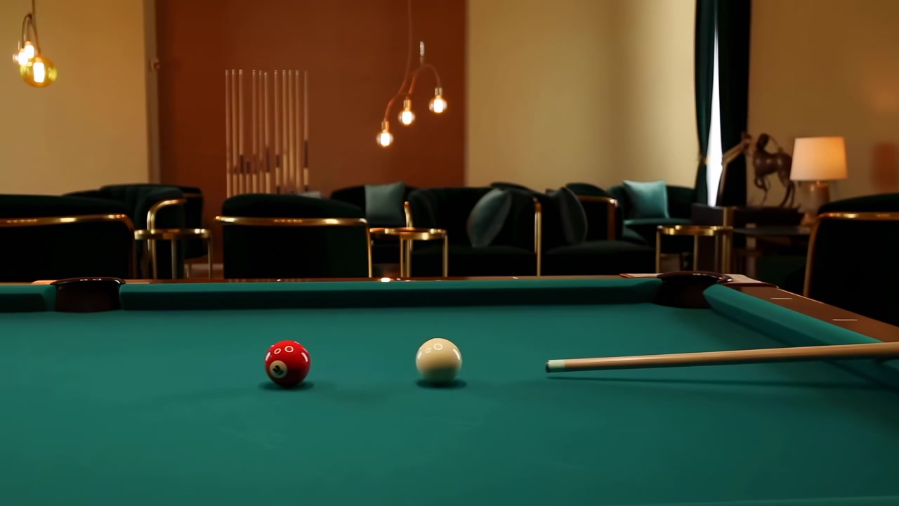 Low angle view of pool table with cue stick aligned beside white cue ball and red numbered ball while player hand steadies shot setup, warm lounge lighting, polished wood, and elegant decor