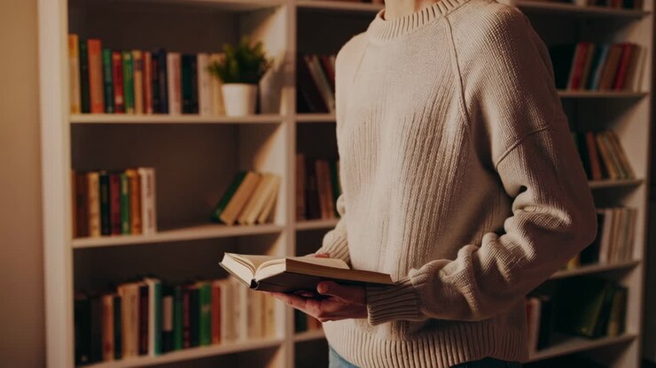 Donna che legge in una biblioteca