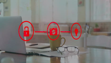 animación de la red de conexiones con iconos sobre la oficina vacía con portátil