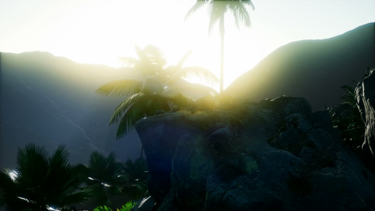 paisaje de montaña y campo con palmeras