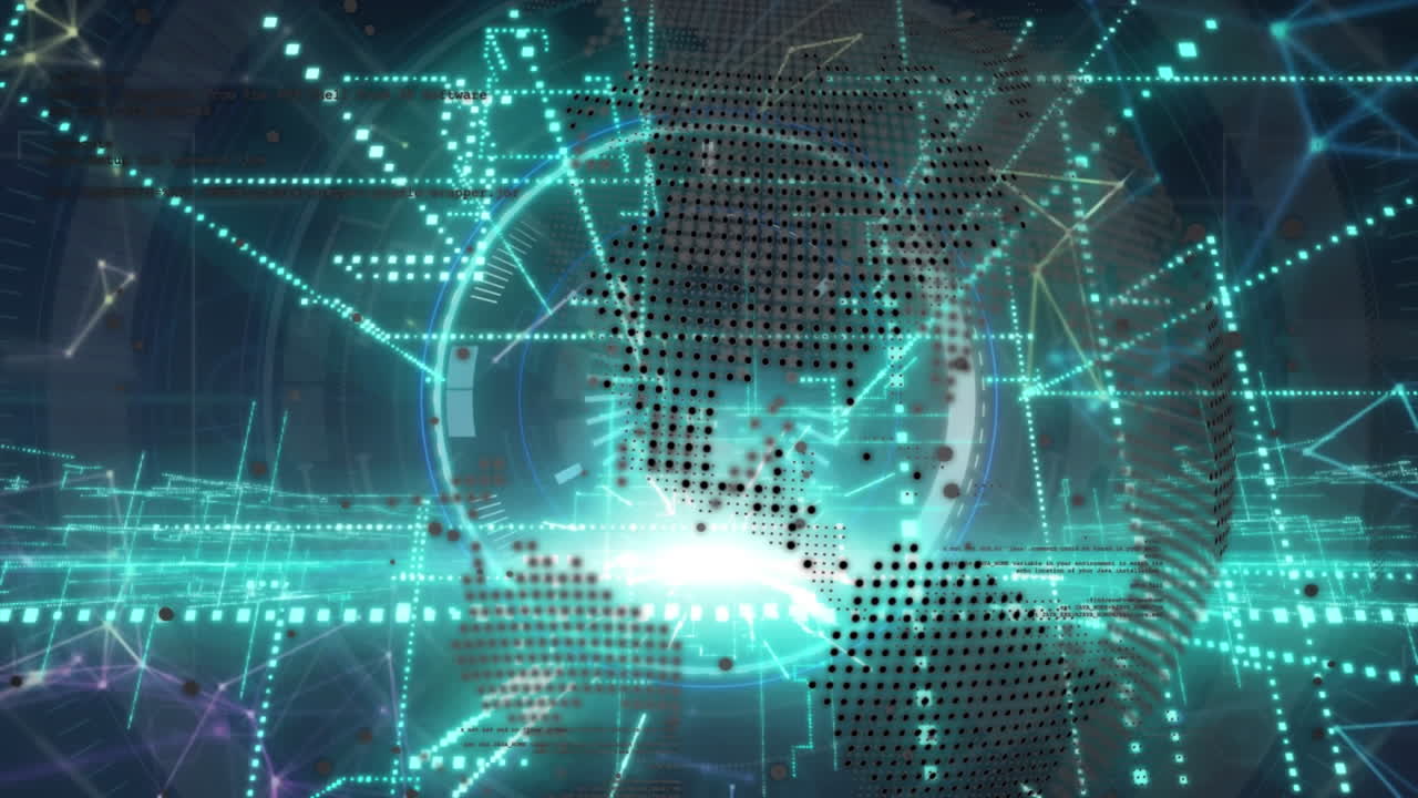 파란색 배경에 연결 네트워크와 함께 금융 데이터 처리의 애니메이션