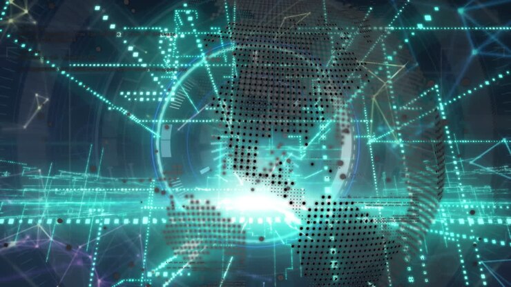Animation of financial data processing with network of connections on blue background