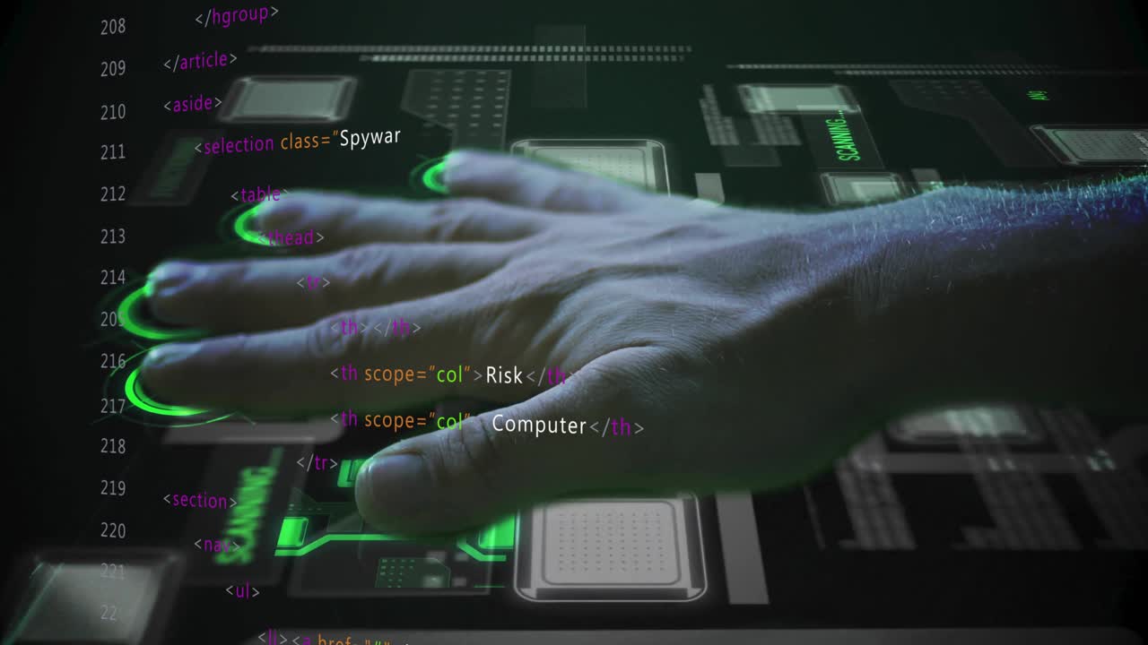 Mano destra nuda che scorre il codice e preme i controlli touch verdi, avviando un protocollo di sicurezza informatica.