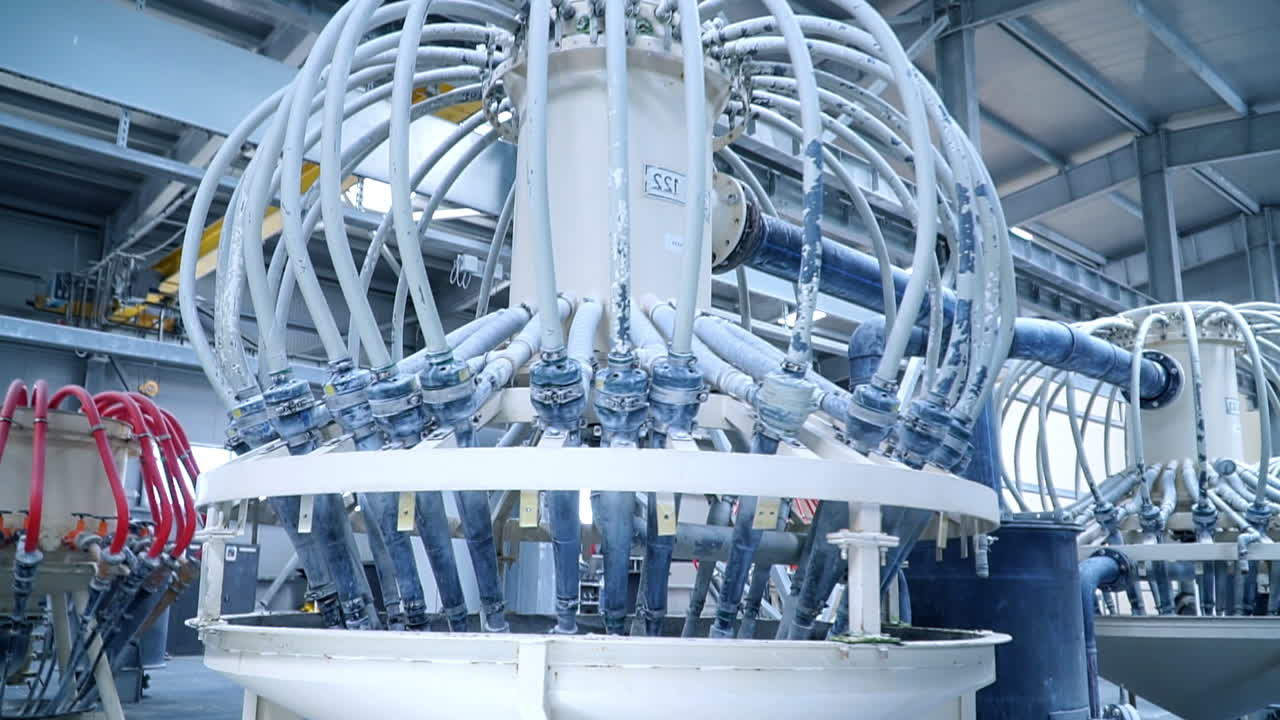 White liquid coming out from the pipes attached to the tank. Automated kaolin clay production at the modern factory.