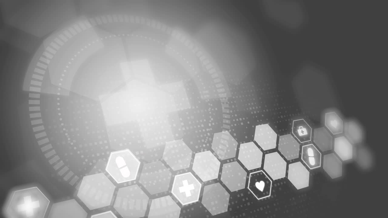 Hexagon medical icons on grey animated scientific background. Cross symbol of health care. Abstract looping motion graphics for hospital.