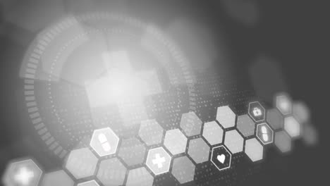 hexagon medical icons on grey animated scientific background. cross symbol of health care. abstract looping motion graphics for hospital.