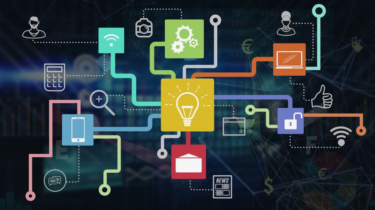 Animation of network of connections with icons over data processing