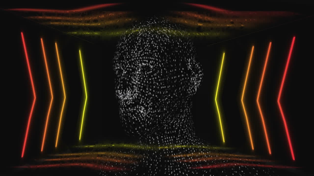 Binary-code head drifting through dark digital tunnel, emitting neon chevron light patterns