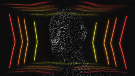 binary-code head drifting through dark digital tunnel, emitting neon chevron light patterns