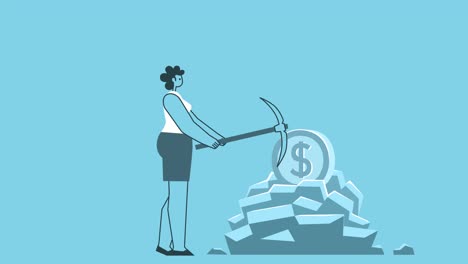mujer plana con minas de pico un dólar en una mina. diseño plano personaje de dibujos animados ciclo aislado animación 2d con canal alfa