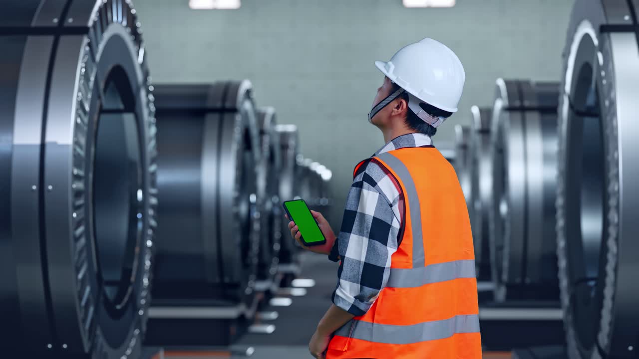 Back View Of Asian Male Engineer With Safety Helmet Working On A Green Screen Smartphone And Looking Around While Standing In Metal Factory