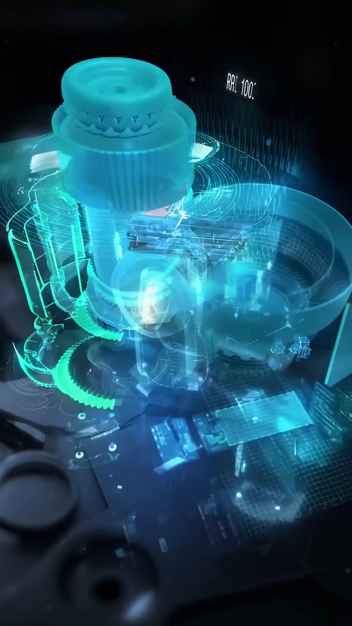 Futuristic 3D Holographic Projection of a Mechanical Engine Component Assembly