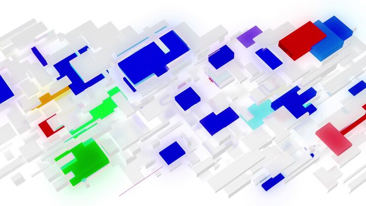 abstract looped 4k light background with network of different sizes white bloks, some with multicolor glow. Visualisation of working ai with big data or blockchain technology. White matte glass