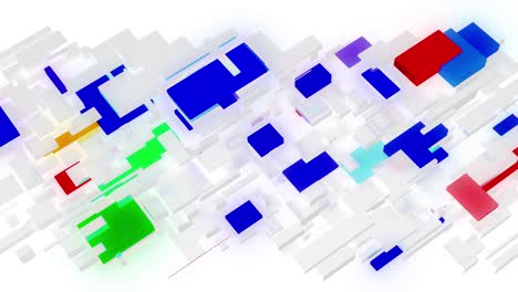 fondo de luz 4k en bucle abstracto con red de bloques blancos de diferentes tamaños, algunos con brillo multicolor. visualización de trabajar con big data o tecnología blockchain. vidrio mate blanco