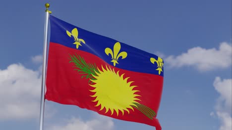 Flagge-Von-Guadeloupe-Bewegt-Sich-Im-Wind-Mit-Einem-Klaren-Blauen-Himmel-Im-Hintergrund,-Wolken-Bewegen-Sich-Langsam,-Fahnenmast,-Zeitlupe