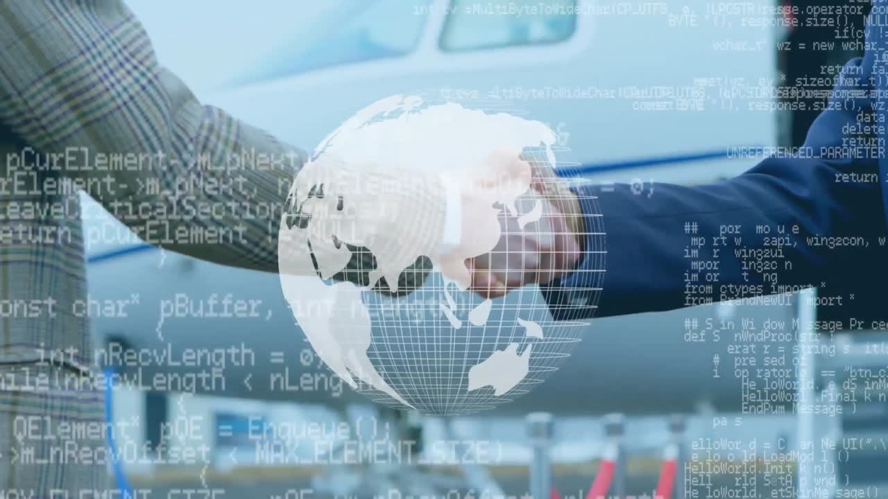 앞면 에 회전 하는 지구 를 가지고 손을 흔들고 있는 사업가 들