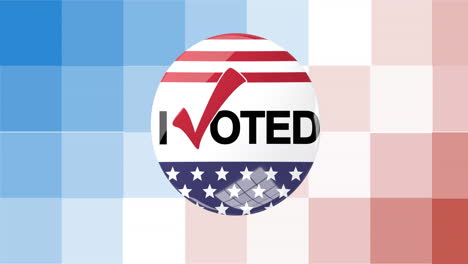 animation of i voted badge with american flag on red, white and blue pixels