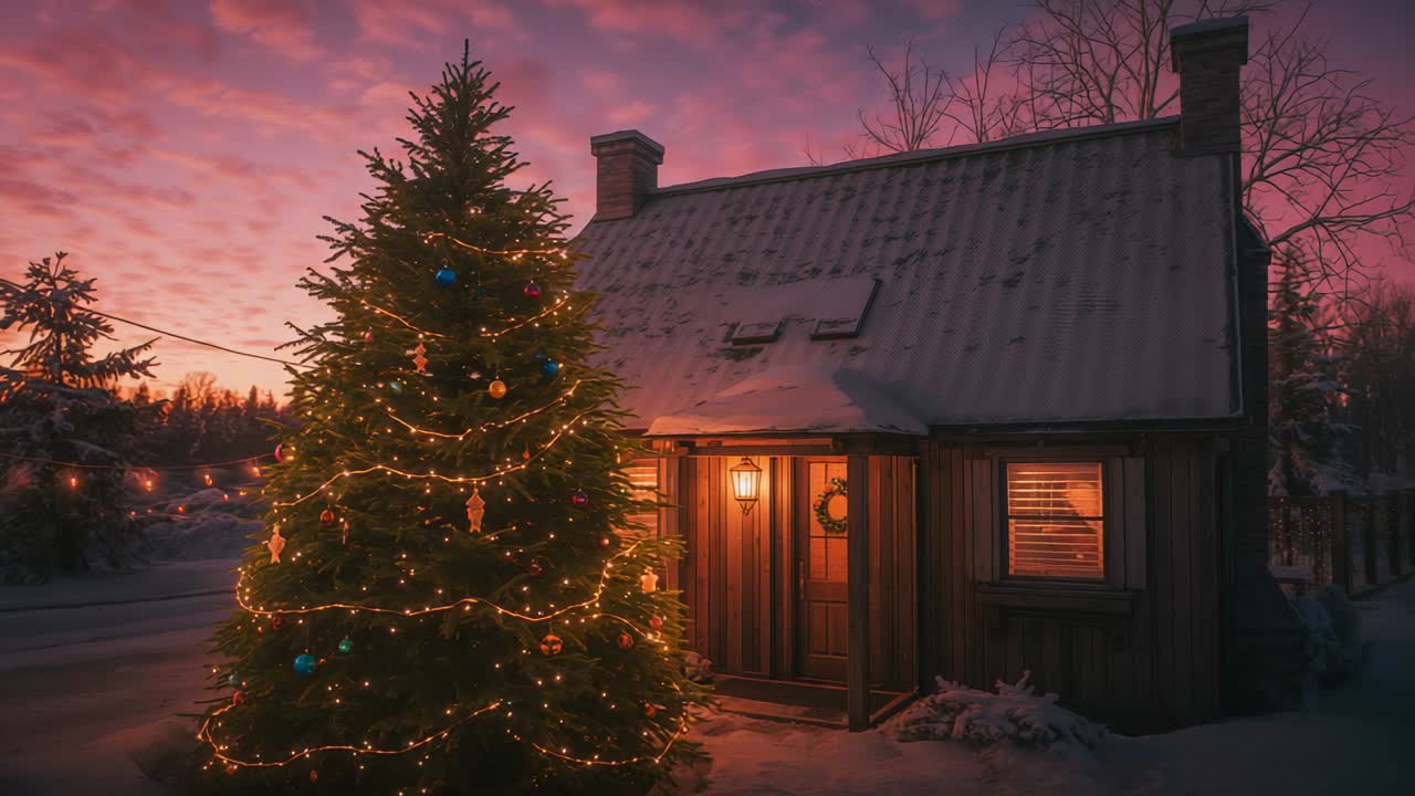 Twilight fading as evergreen tree by snowy cabin shining with lights baubles lantern and wreath