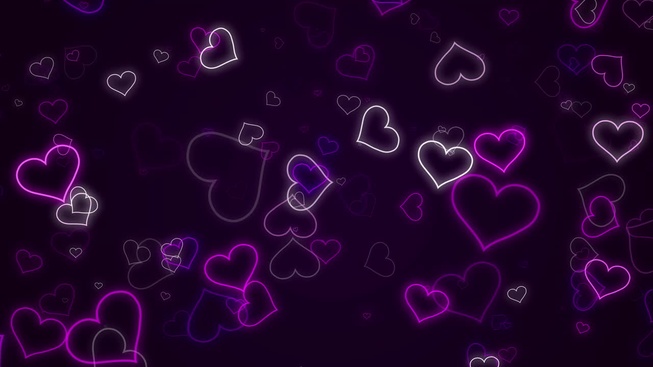 Valentines day glowing neon heart shape loop animation. Sparkly and shiny pink hearts, love and marriage on dark purple background.