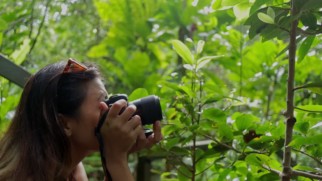 mujer joven capturando cuidadosamente la fotografía de la planta verde macro en la cámara