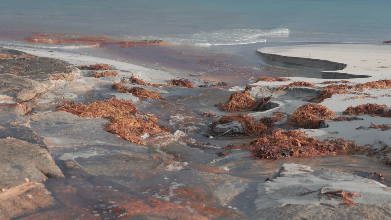 las olas ruedan lentamente en la playa de arena mientras el arroyo poco profundo fluye a través de la arena y se encuentra con el mar