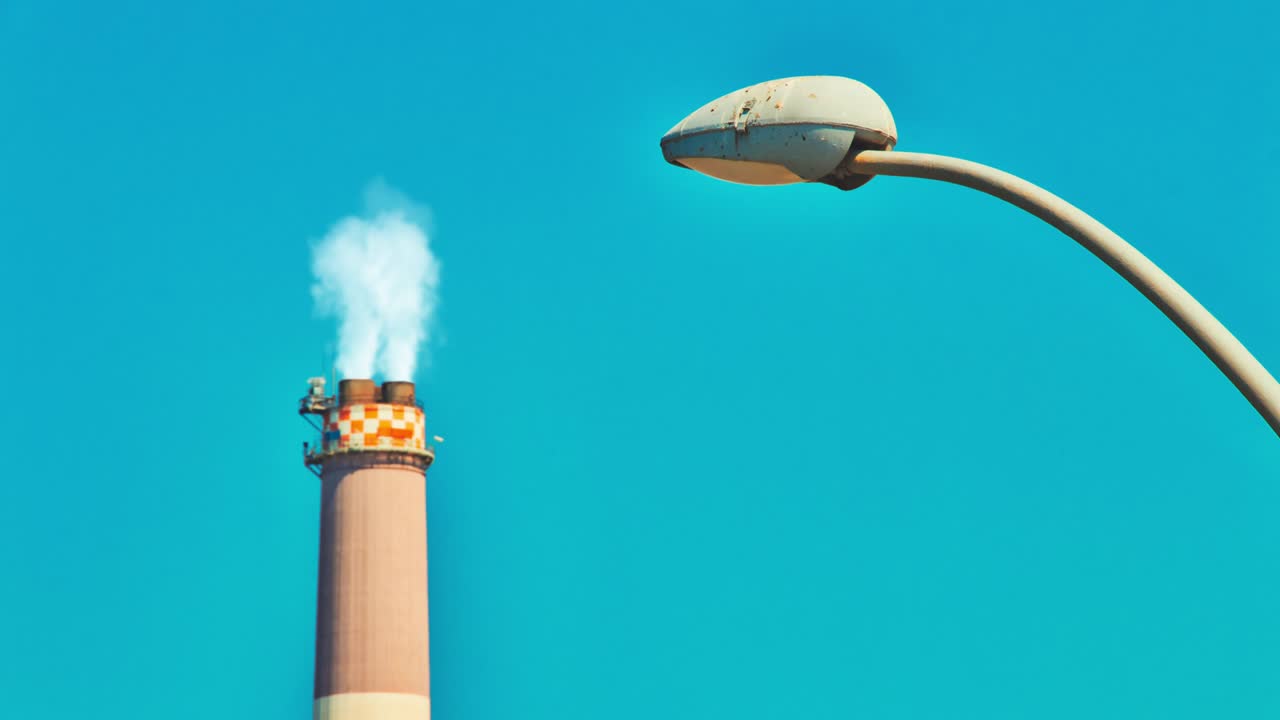 읽기 발전소의 굴에서 방출되는 연기의 영화와 현대적인 거리 램프