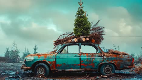 a rusty old car with a tree on top of it