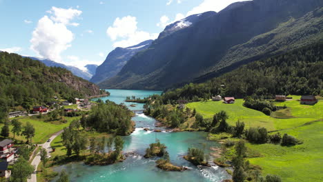 beautiful landscape of lovatnet lake and surrounding village in norway, aerial panoramic view