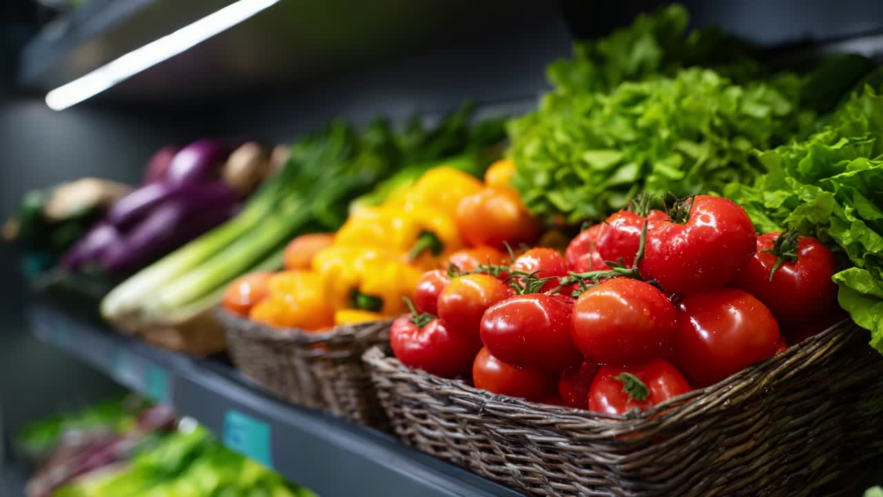 A Vibrant Display of Fresh Vegetables and Greens Showcasing the Beauty of Farm-to-Table Produce with Colorful Tomatoes, Bell Peppers, Leafy Lettuce, and Various Other Vegetables in Baskets on a Market Shelf