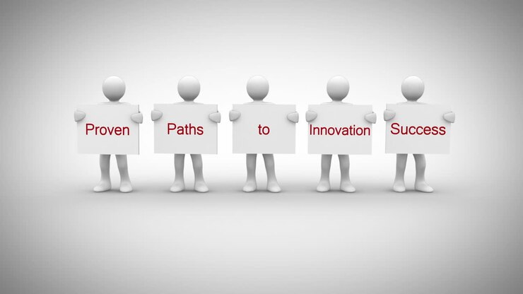 White characters showing signs saying proven paths to innovation success