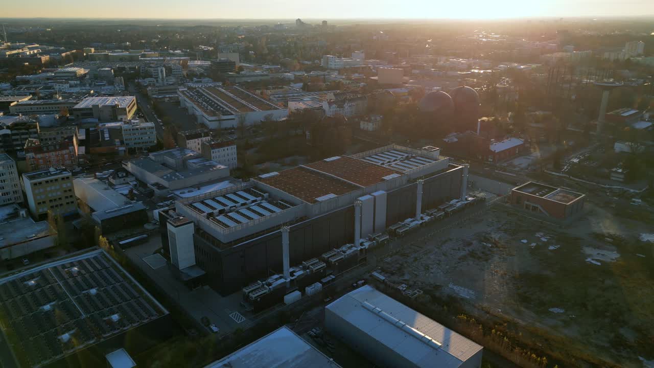 data center computing center, hyperscaler computer servers, cloud services and it services Building exterior. Stunning aerial view flight fly reverse panorama overview drone