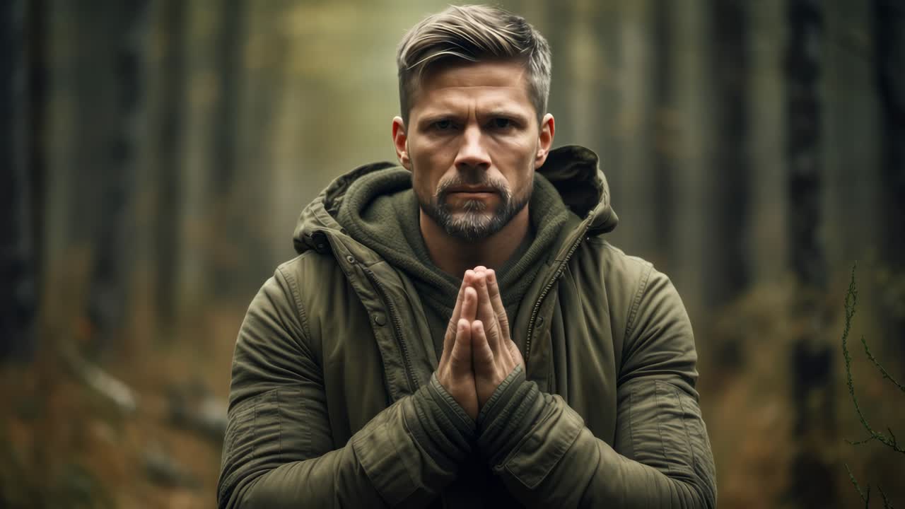 Hunter wearing a hooded jacket, praying with clasped hands in a serene forest, embodying spirituality and a deep connection with the tranquility of nature and its surroundings