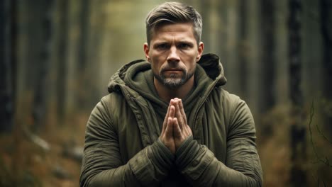 hunter wearing a hooded jacket, praying with clasped hands in a serene forest, embodying spirituality and a deep connection with the tranquility of nature and its surroundings