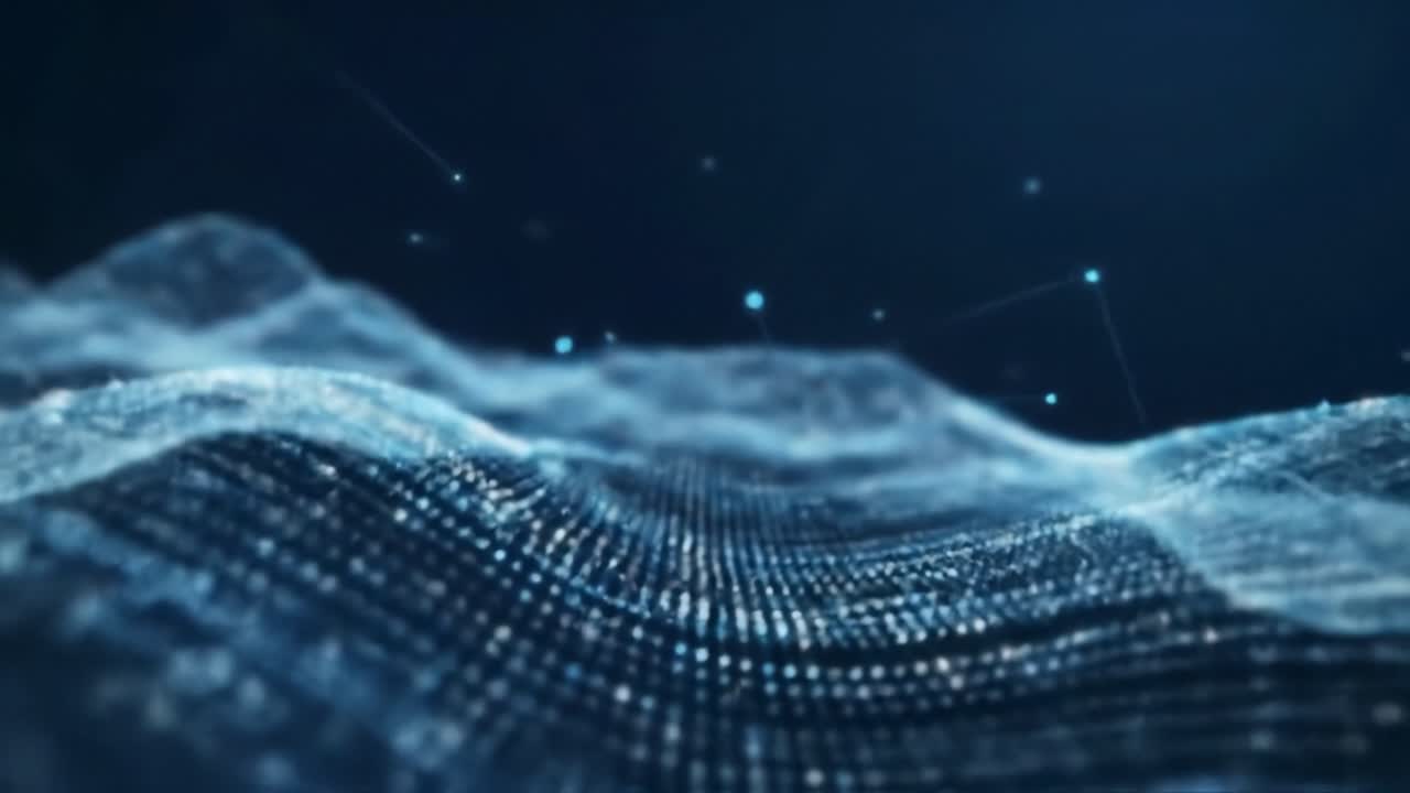 A mesmerizing visual of flowing digital waves and luminous particles, showcasing the beauty and intricacy of abstract technology and data visualization in motion.