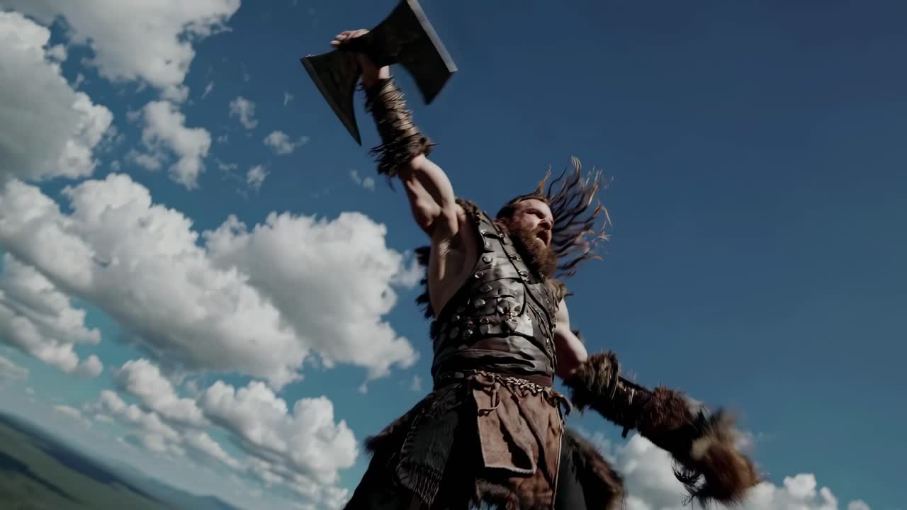 Low-angle shot of a warrior in action, wielding an axe against a vibrant sky