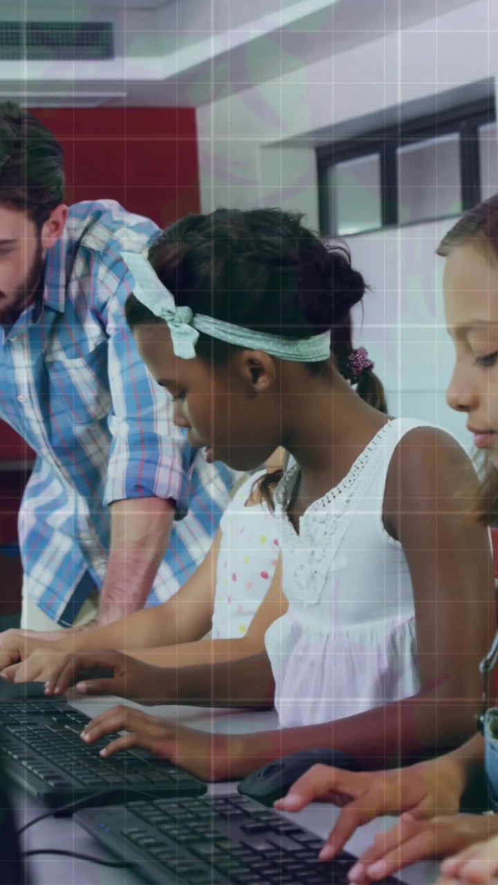 Animation of data processing over diverse schoolchildren with teacher