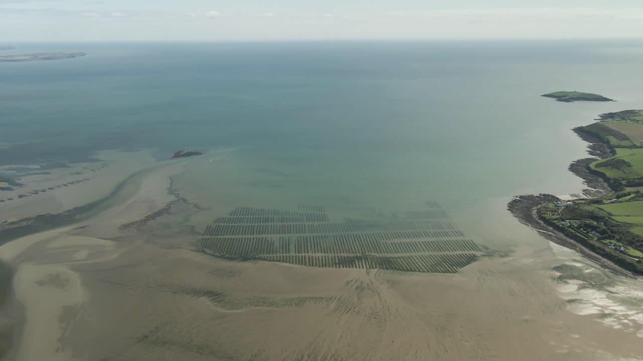 아일랜드 코크 카운티 의 해가 뜨는 동안 필모어 스트랜드 해변 에 있는 굴 농장 의 공중 사진
