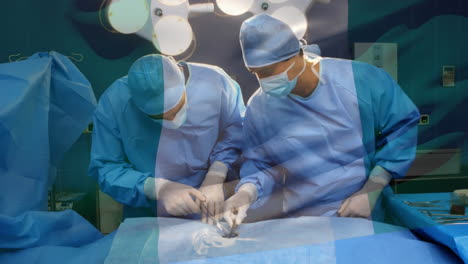 animation of flag of italy waving over surgeons in operating theatre