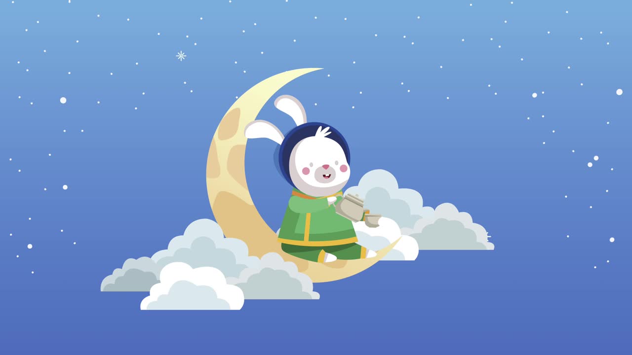 анимация середины осени с кроликом в полумесяце и облаках
