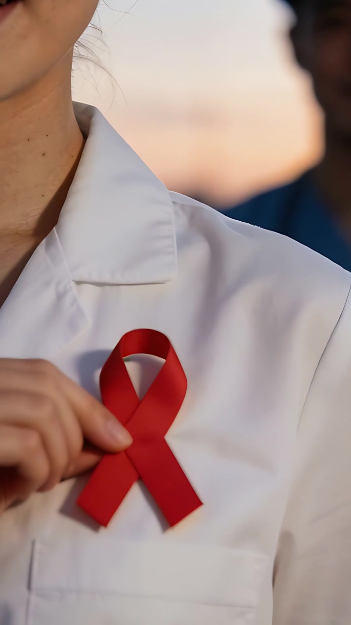Vidéo verticale : Une femme en blouse de laboratoire blanche tenant un ruban rouge et l'épinglant sur sa poitrine gauche sur un toit au crépuscule, pour une cause caritative.