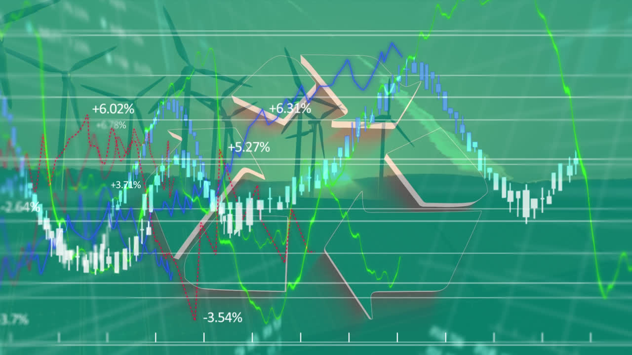 풍력 터빈 회전 애니메이션, 재활용 표지판 및 증권 거래소 그래프 증가