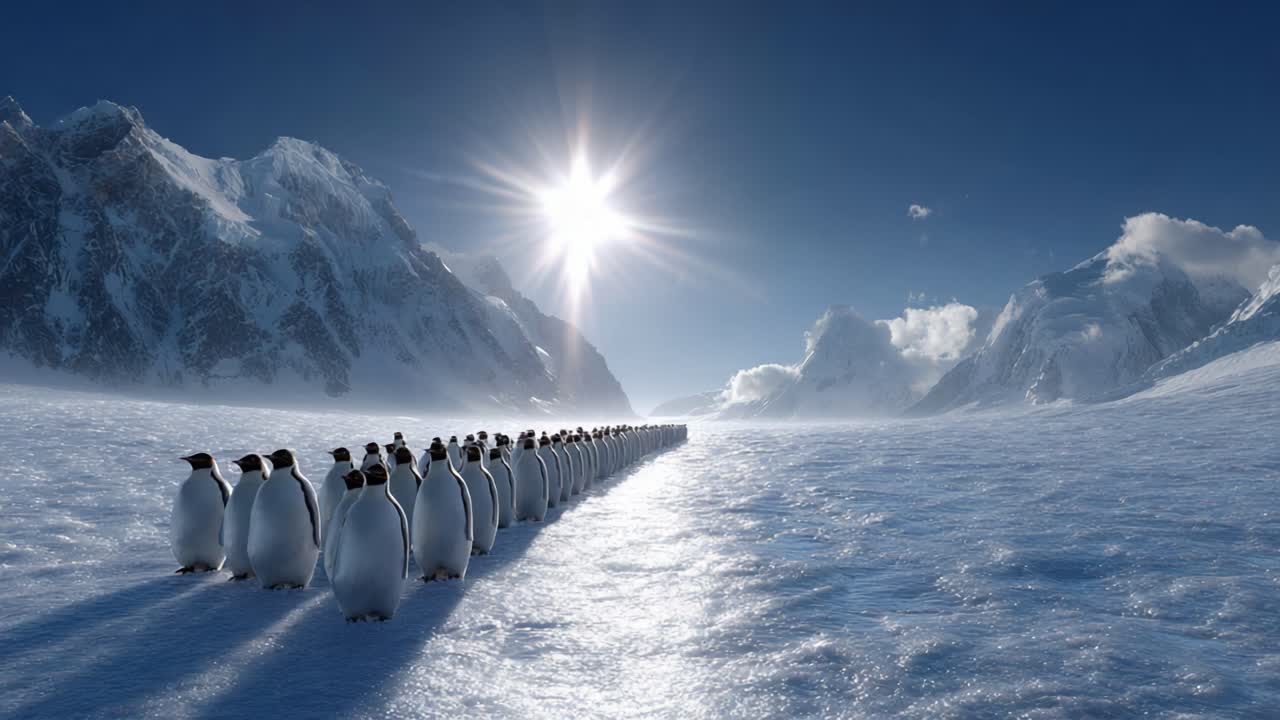 A Majestic Line of Penguins Marching Across the Icy Expanse Beneath a Brilliant Sun in a Breathtaking Antarctic Landscape