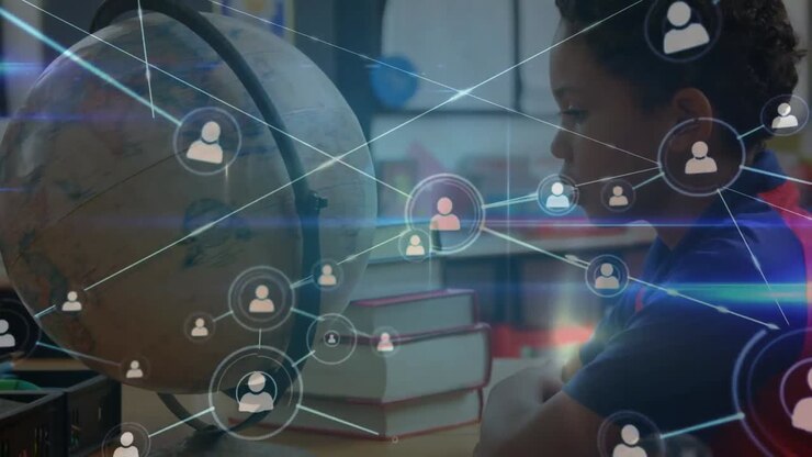 Animation of connections over african american boy with globe at school