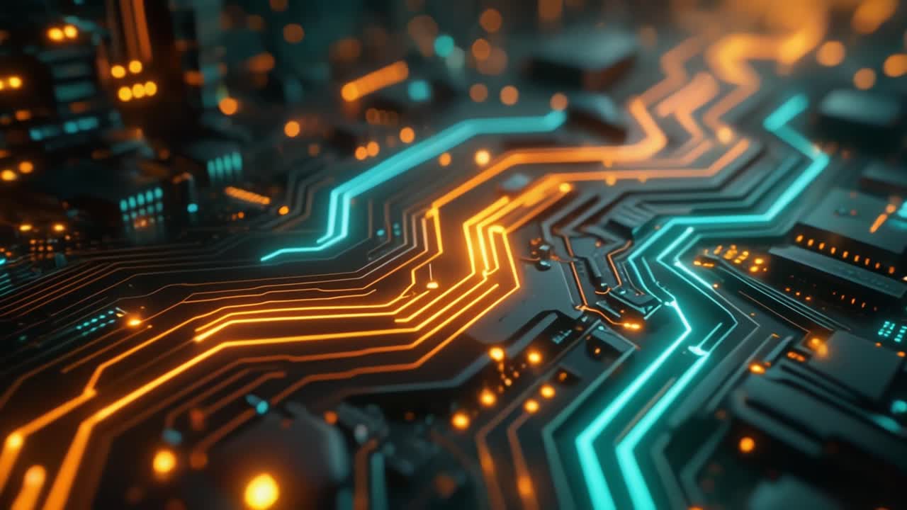 Glowing Circuit Board with Orange and Blue Data Flow