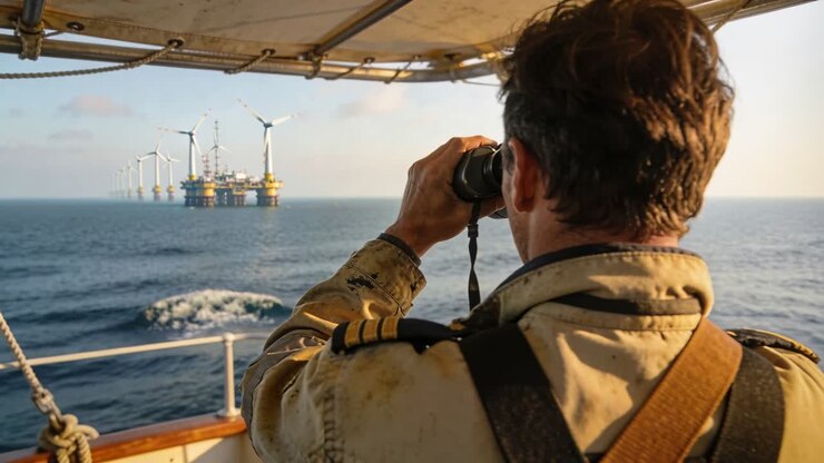 Membro dell'equipaggio uomo con i binocoli alzati che scruta piattaforme eoliche offshore gialle per il monitoraggio