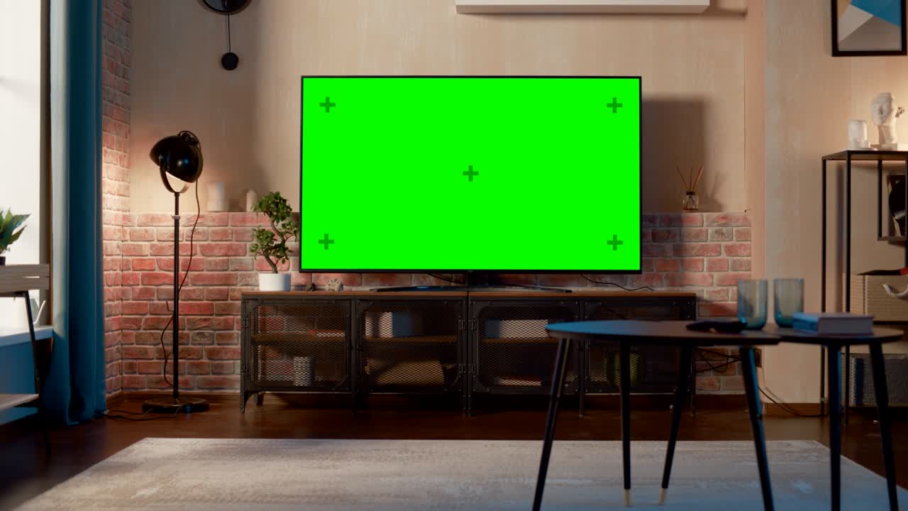 초록색 스크린 모형 디스플레이를 가진 tv 세트와 함께 스타일리시 로프트 아파트 인테리어 텔레비전 스탠드에 서있는 빈 거실 모니터에 크로마 키 플레이스홀더와 함께 집에서.