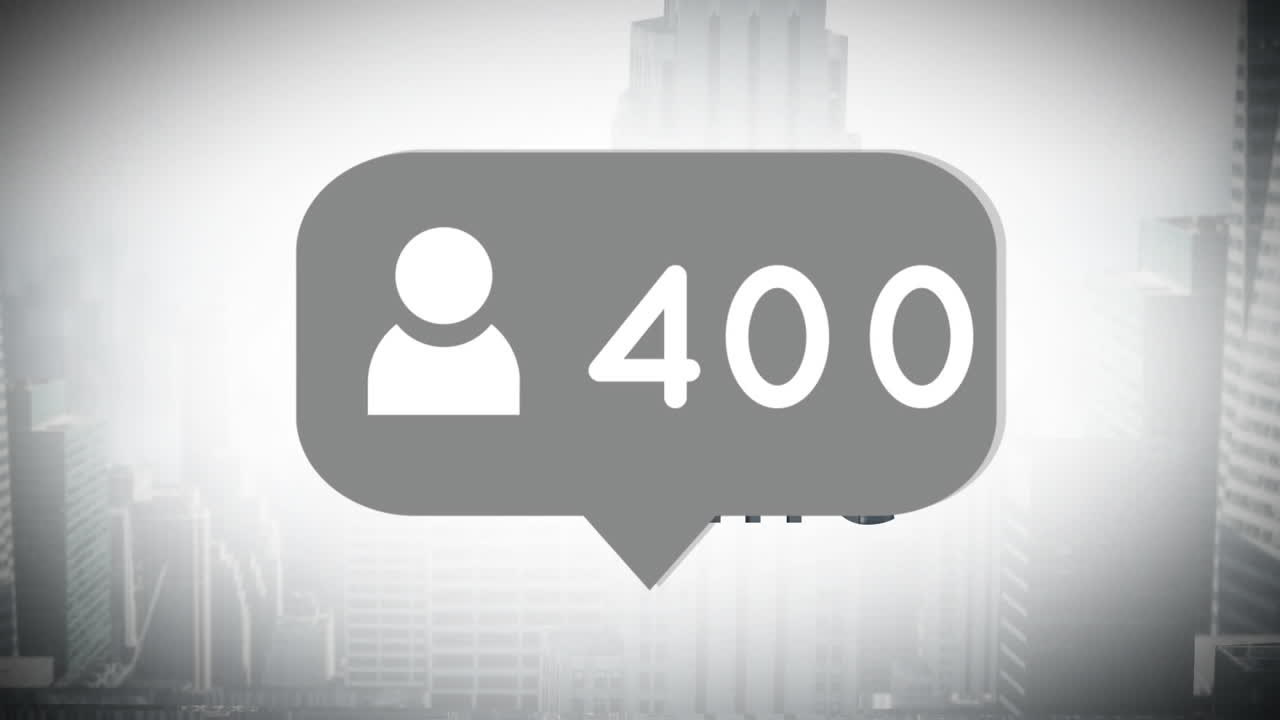 animación del icono de la persona con número creciente, sobre los edificios de la ciudad