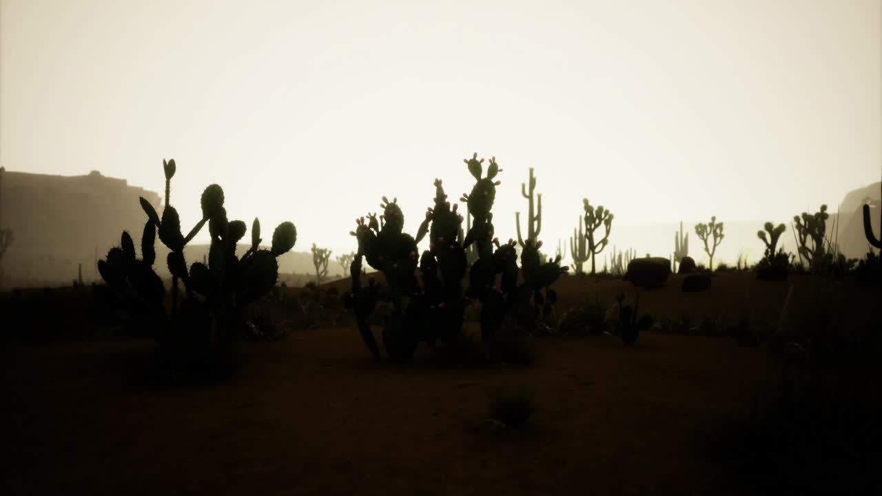 Cacti silhouette against a hazy sunset in a desert landscape