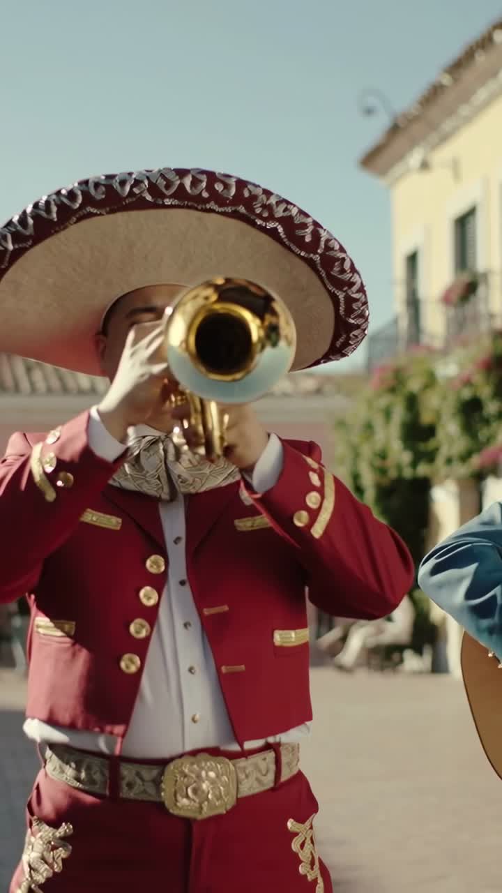 Vertical video: Mariachi musician raising trumpet and performing melody in stone plaza, with guitar