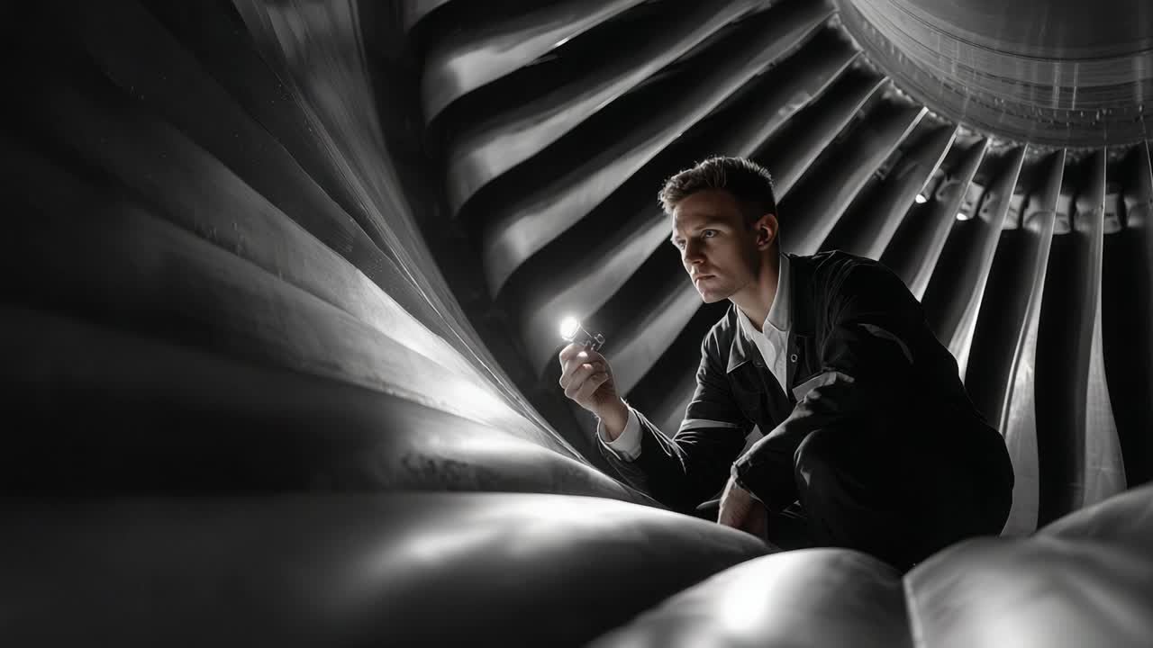 Engineer Inspecting Jet Engine Turbine